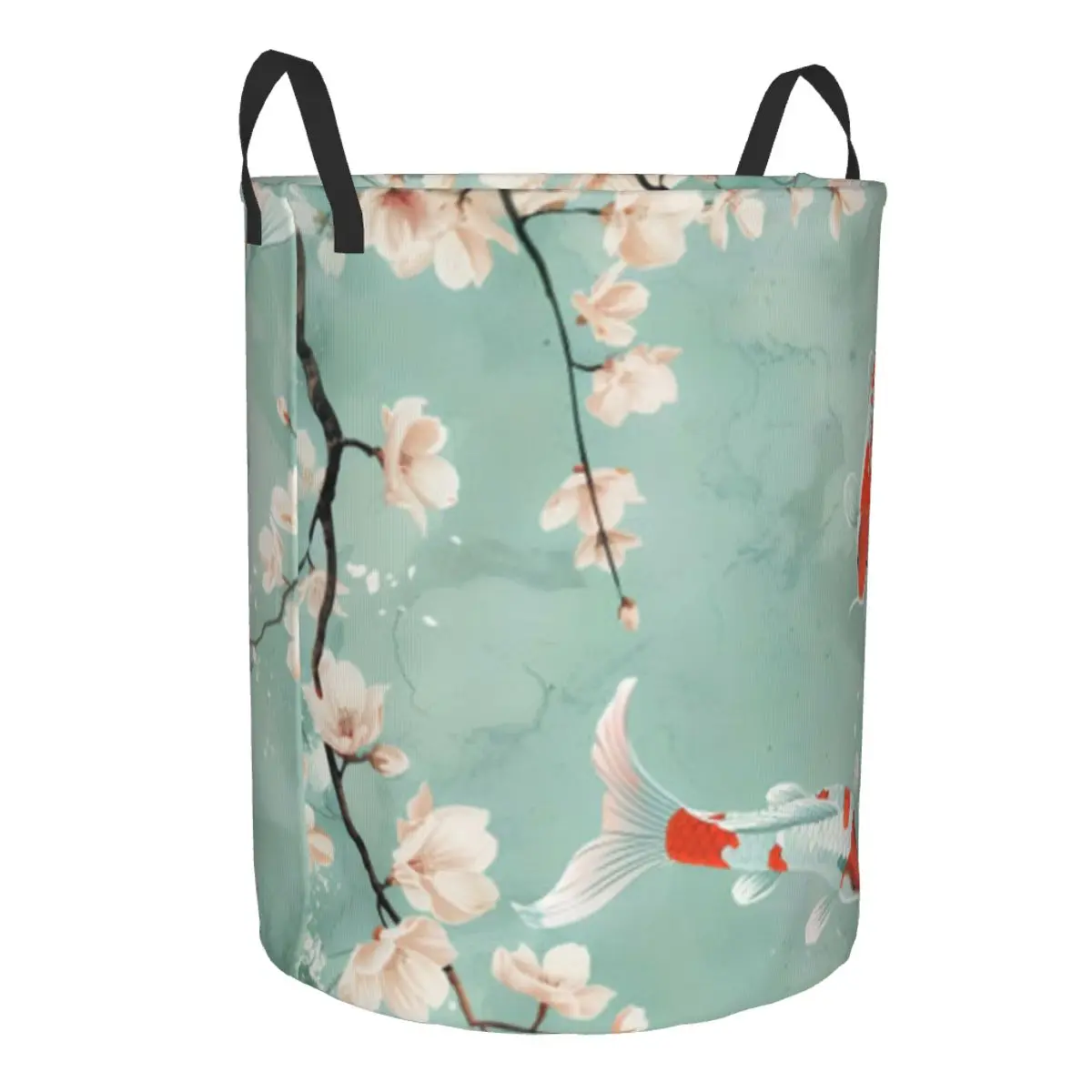 Folding Laundry Basket Cherry Blossoms And Koi Fish Round Storage Bin Collapsible Hamper Clothes Bucket Organizer