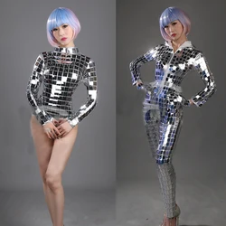 Silver Mirrors Costume Nightclub Party Dj Gogo Clothing Pole Dance Bodysuit Lens Jumpsuit Women Stage Wear Rave Outfit XS6063