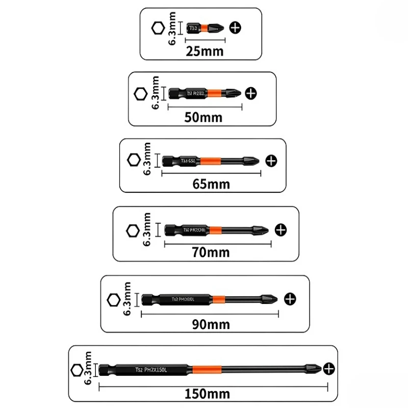 1/4/5/6pcs PH2 Magnetic Anti Slip Impact Single Head Cross Black Screwdriver 25-150mm Screwdriver Bitfor Electric/Hand Drivers