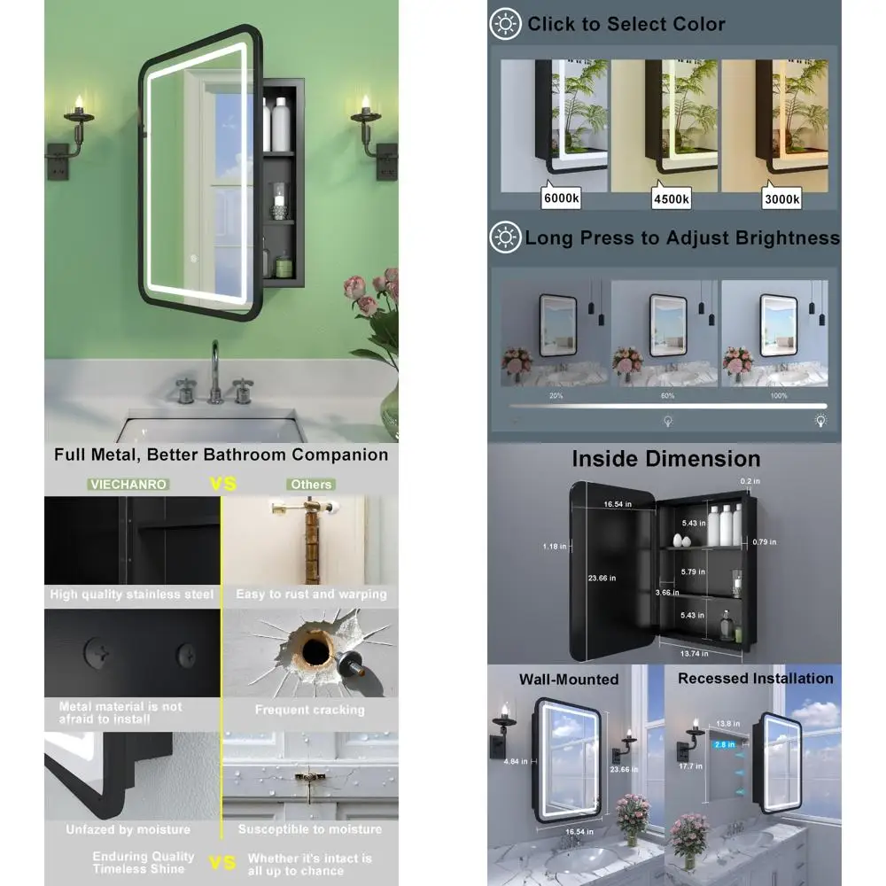 

Bathroom LED Medicine Cabinet with Mirror, Wall or Recessed Mount, Full Metal Frame