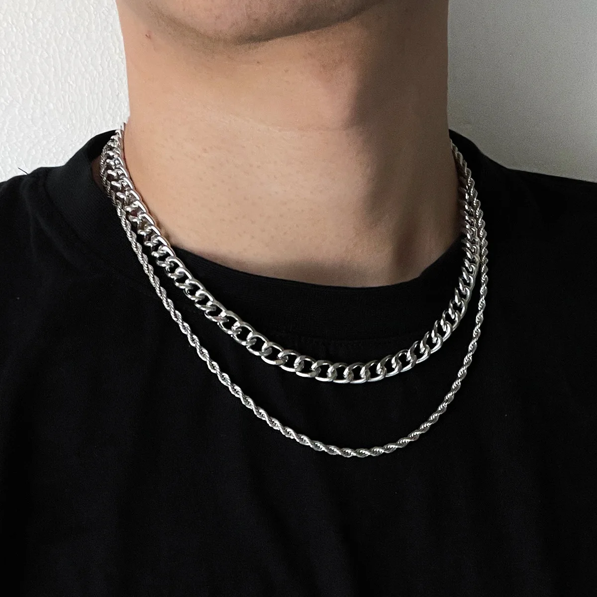 2PCS For A Set Unisex Punk Rock Hip-hop Fashion Popular Silver-color Metal Layered Necklaces 2PCS For A Set Unisex Punk Rock Hip