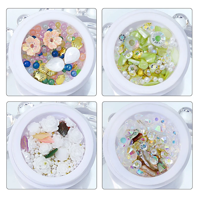 مکسڈ پرل روز فلاور رائنسٹون نیل آرٹ ڈیکوریشن فلاور جیم اسٹون نیل آرٹ چارمز لوازمات برائے یووی جیل نیل ٹپ ڈیزائن