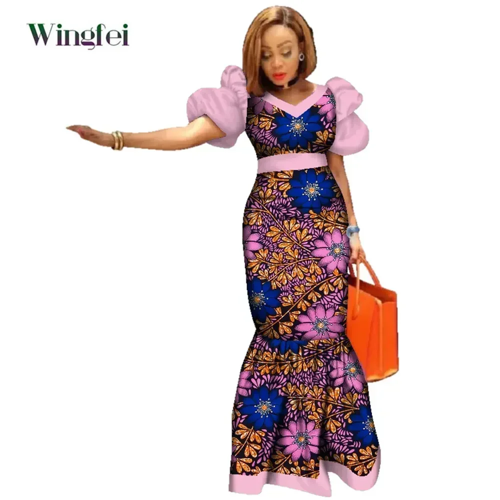 Fashion Robe Africaine Dashiki African Dresses for Women Puff Sleeve Maxi Long Dresses Evening Gowns Wedding Dresses WY2494