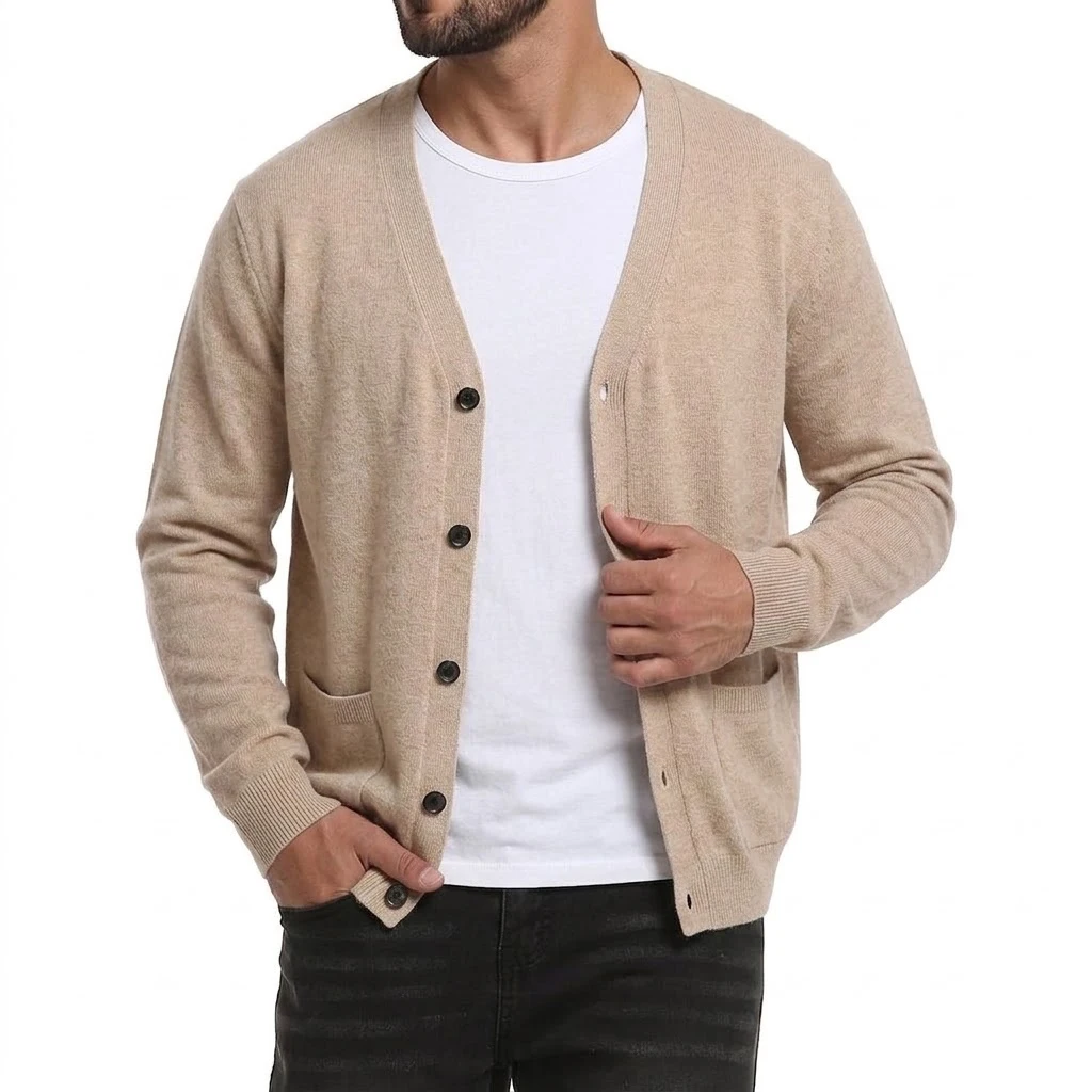 Neuer Herren-Cardigan mit langen Ärmeln, Knopfleiste, V-Ausschnitt, Strickware, lässiger Pullover, einfarbig, leichte Oberbekleidung mit Taschen. – Detail 11