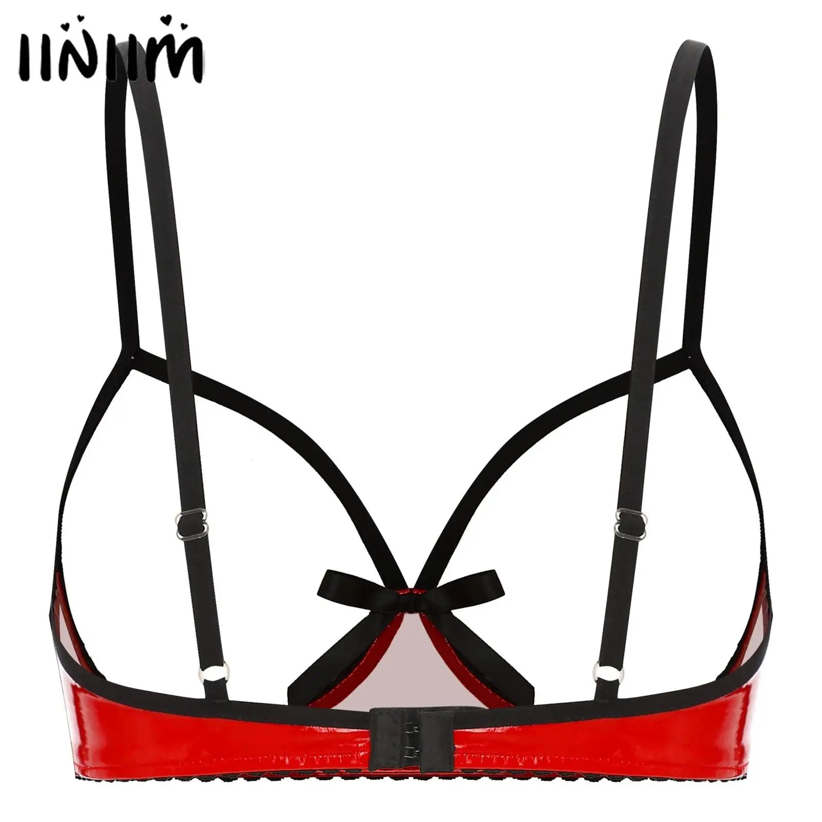 

Womens Sexy Lingerie Tempting Cupless Bra Spaghetti Straps Cute Bow See Through Wireless Unlined Wet Look Open Breast Bra Tops