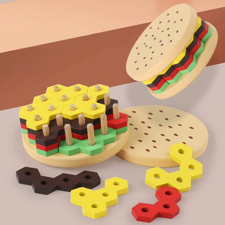 Montessori Hamburger Building Blocks Ordinamento e impilamento geometrici in legno Giocattolo Gioco di puzzle a colori per l'apprendimento educativo precoce