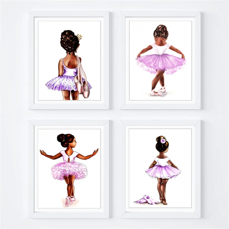 Watercolor Black Ballet Girl Shoes Butterfly Wing Purple Wall Art Prints Poster Canvas Painting Pictures Kids Room Nursery Decor