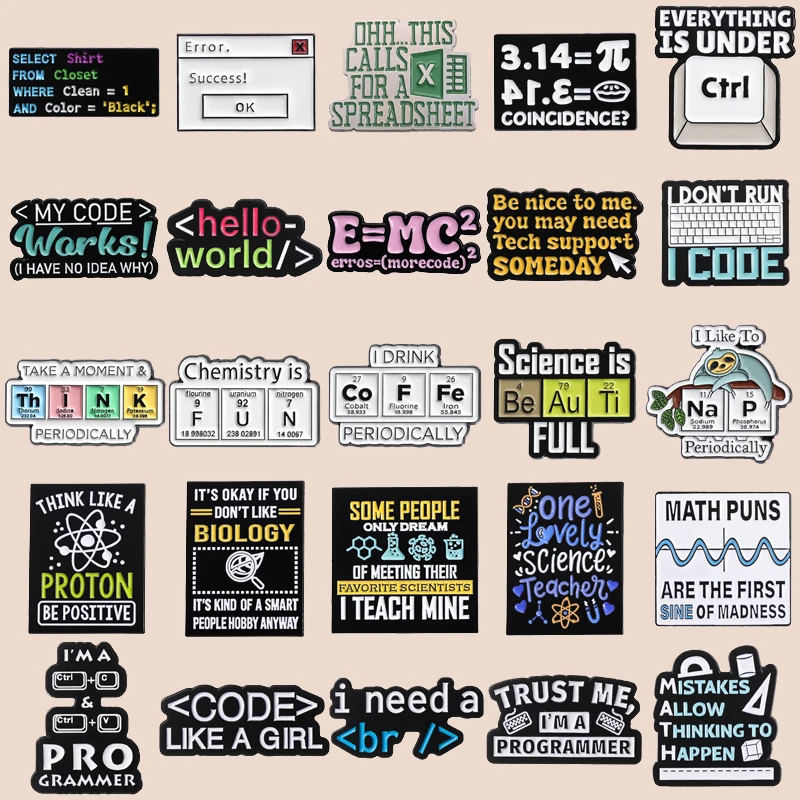 Creative Code E=MC Enamel Pins Programmer Keyboard Chemistry Periodic Table World Coffee Book Metal Brooch Badge Lapel Jewelry ﻿