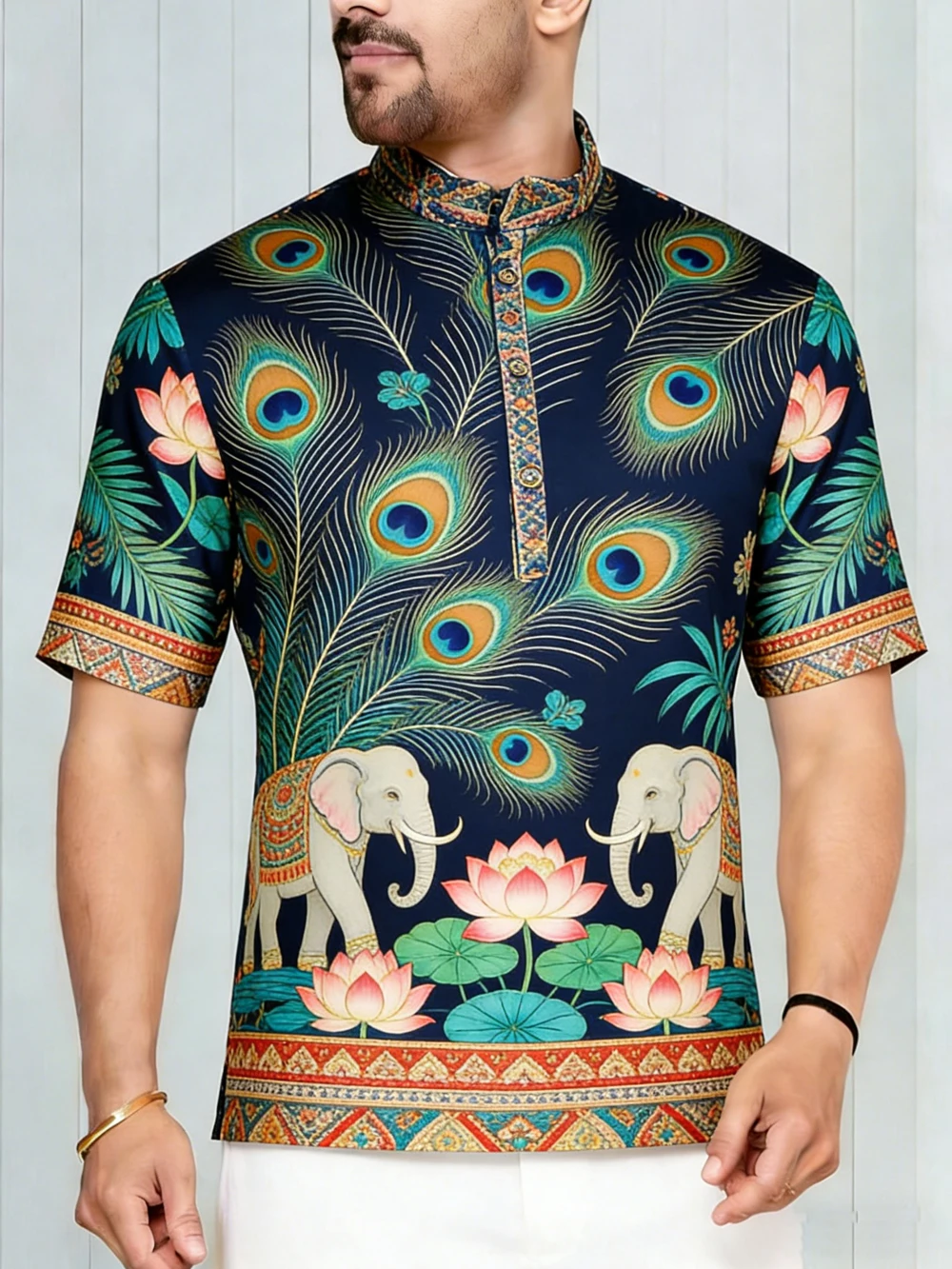 New Men's Southeast Asian Peacock Elephant Pattern 3D Printed Half-front Collar Shirt Hawaiian Outdoor Short-sleeved Shirt Men