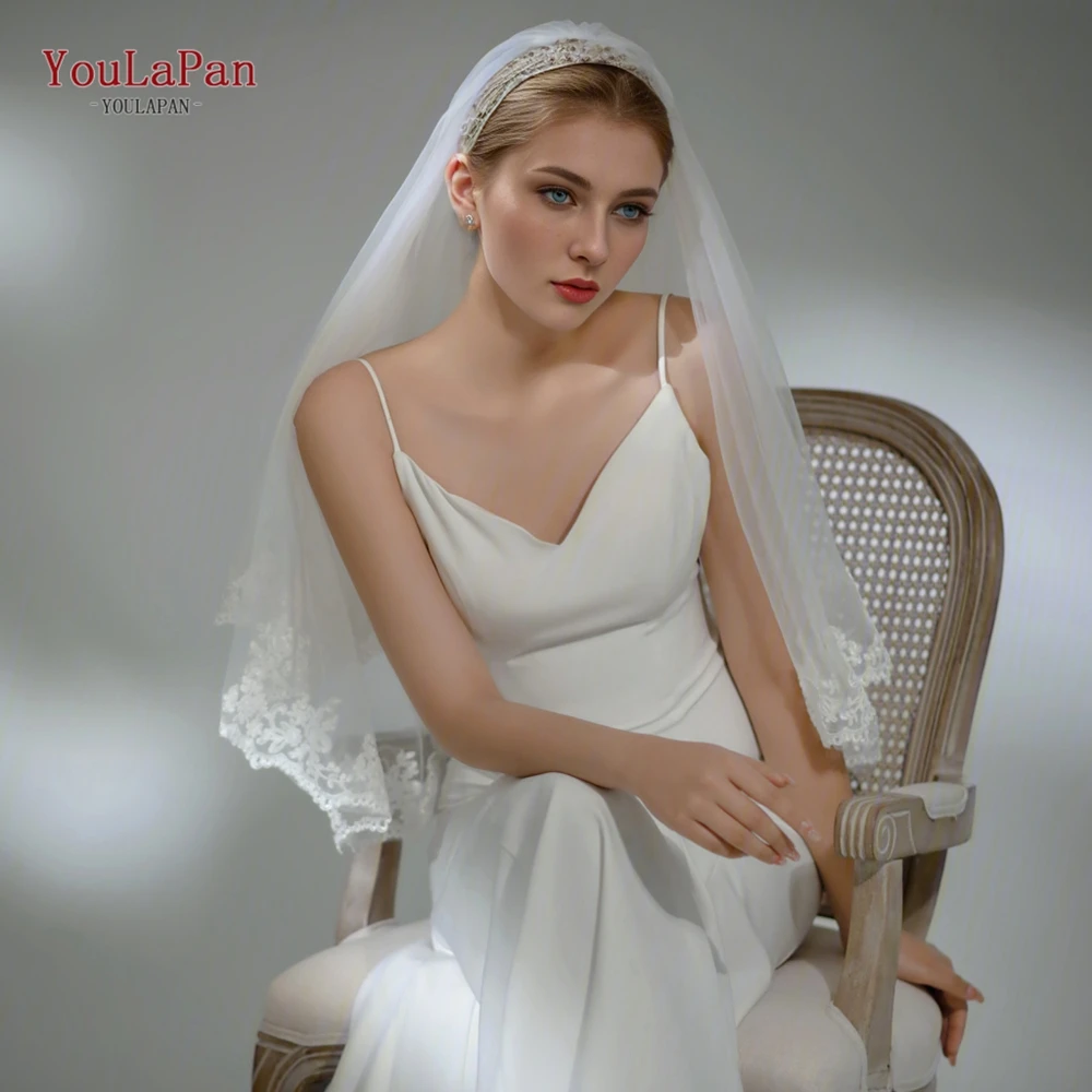 YouLaPan – voile de mariée en Tulle souple, longueur coude courte, avec garniture partielle, 2 niveaux, accessoire de mariage, V79