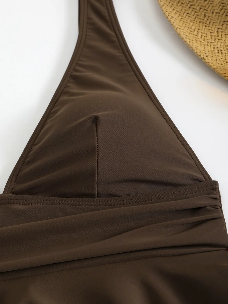 Dwuczęściowy kostium kąpielowy dla kobiet 2024 New Solid V Neck Sling Sexy Tankini Swimwear Summer Long Dress High Waist Strój kąpielowy dla kobiet