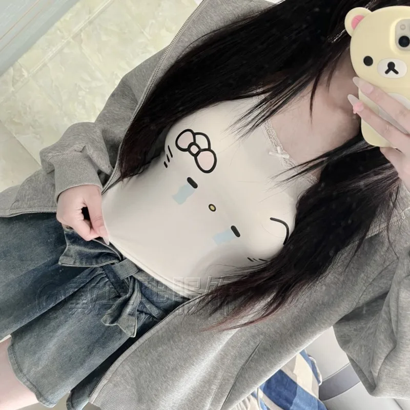 Cute Slim Fit Camis Tops for Women Hello Kitty White Express Printed Tank Tops with Lace Soft Camisole Vest, Sexy Short Clothes