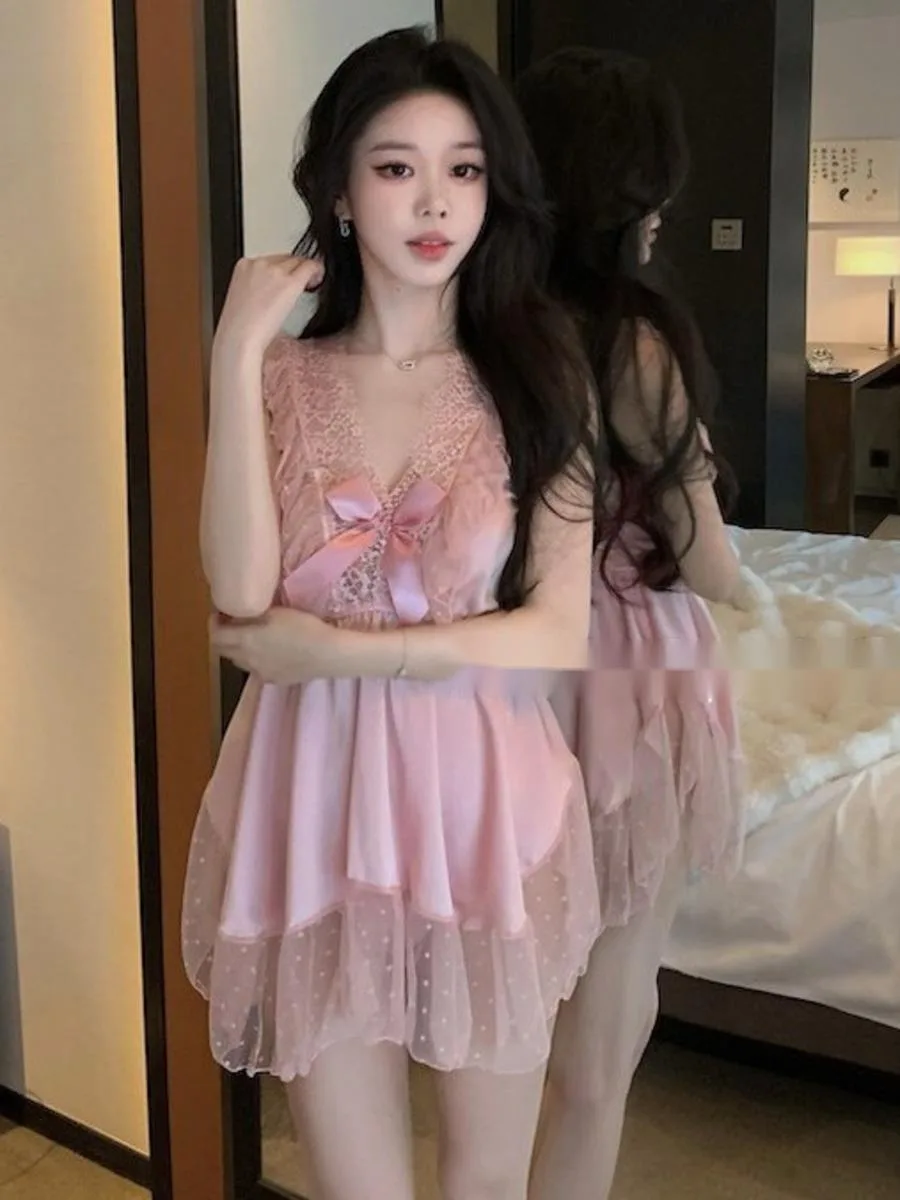 

Милая розовая ночная рубашка во французском стиле Fairy Pure Desire Casaul Стиль с кружевными ремешками в стиле принцессы Милое летнее сетчатое платье Элегантное M8T1