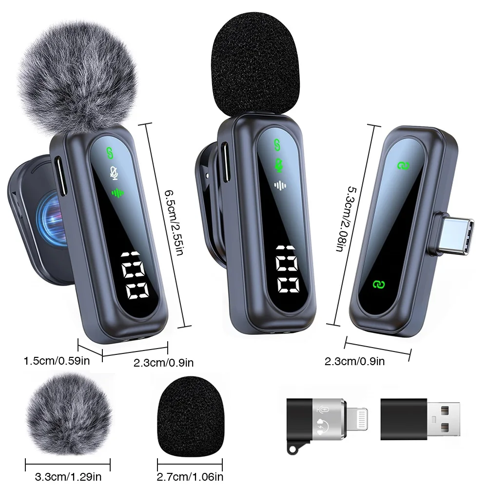 2 Pack Wireless Lavalier Microphone with Noise Cancellation Mini Microphone Plug and Play Wireless Mic for IPhone/Android/PC