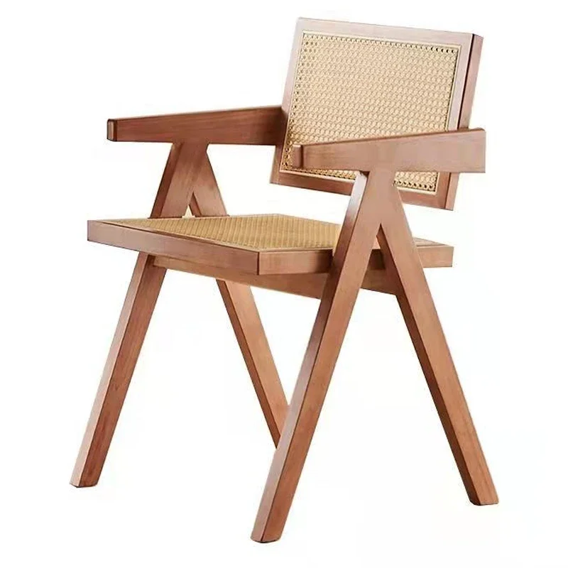 Nordic Modern Natural Antique Cane Wicker Office Living Room Solid Wood Rattan Armchair Wooden Dining Chair