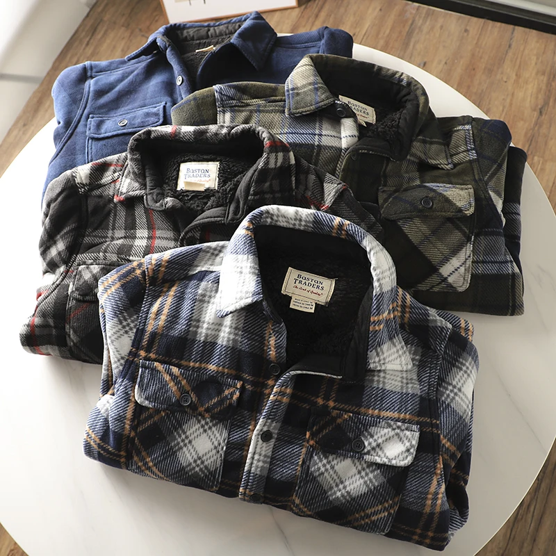 

Men's Thiened Fce Lined Loose Fit Plaid irt Lamb Fur Collar Cotton Jaet Autumn Winter Faion Trendy Youth ular