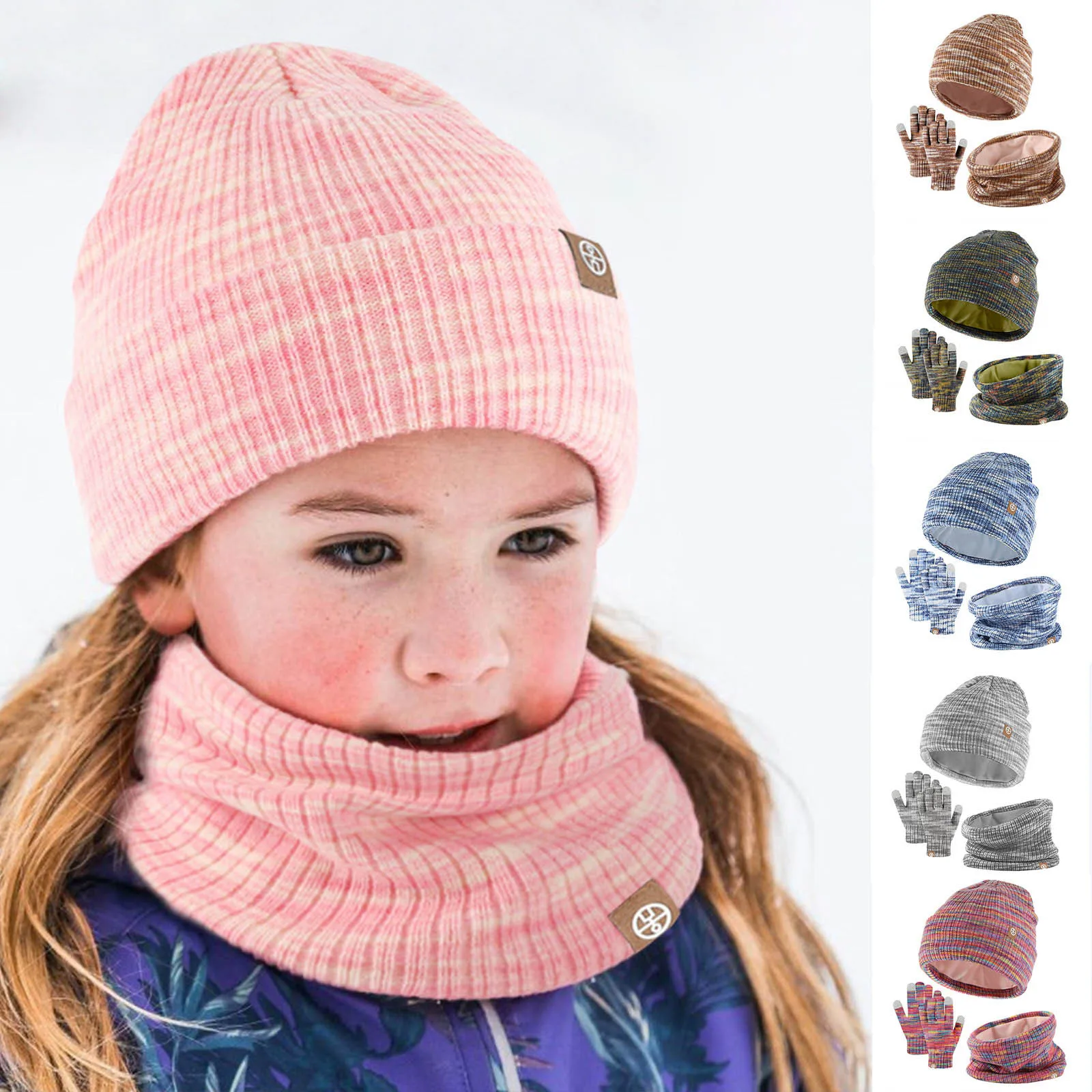 3pcs Winter Children's Knitted Hat Gloves Scarf Set Outdoor Thick Warm Beanies Hats for Kids Fleece Boys Girls Hats Scarf Set