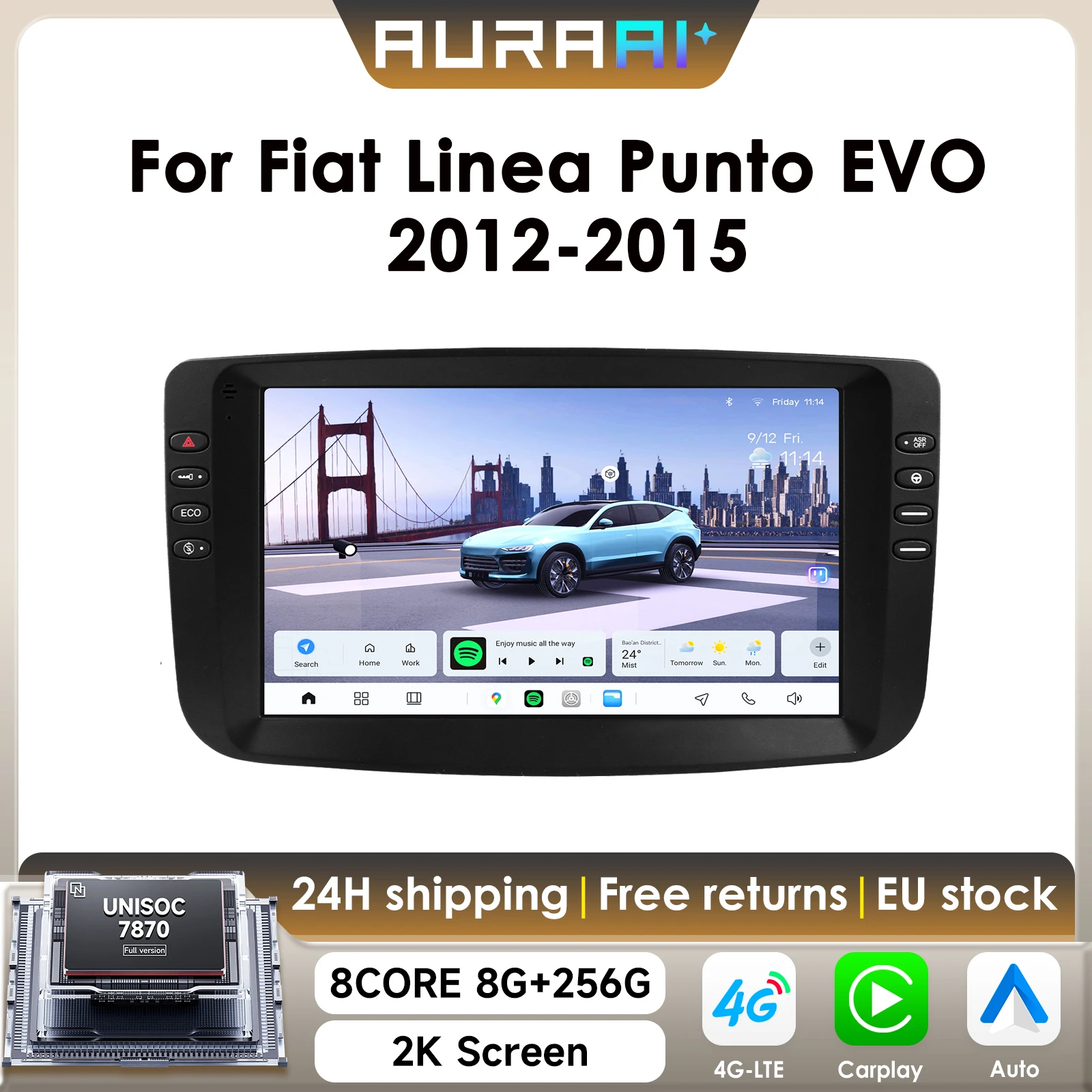 AURAAI X100 2K Bildschirm Auto Radio Für Fiat Linea 2012-2015 Fiat Punto EVO Carplay Dual Mic ADAS 360 kamera 4G WIFI DSP BT UIS7870