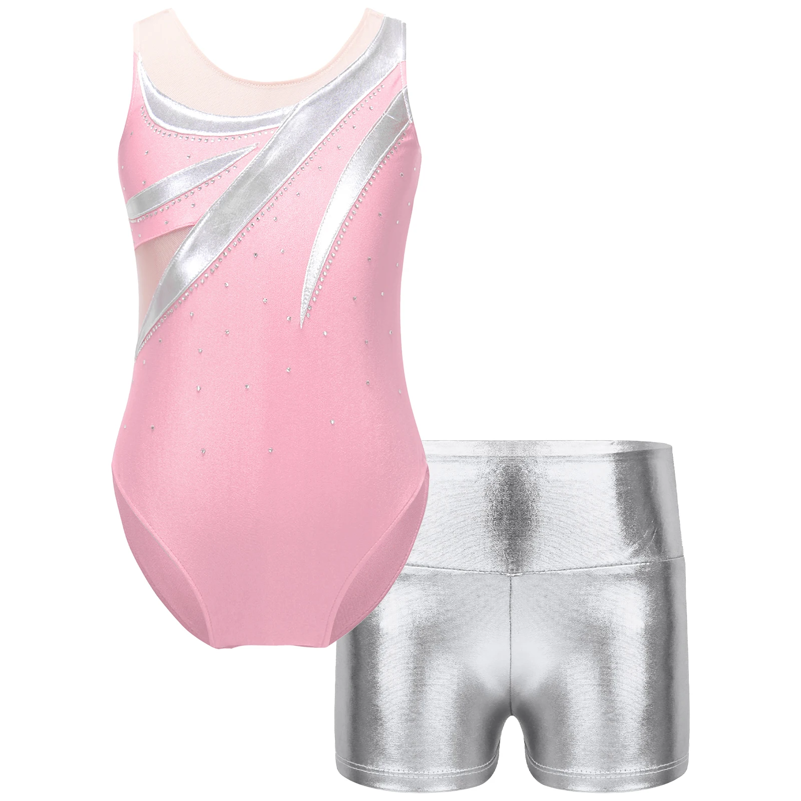 

Girls Kids Sleeveless Shiny Metallic Ballet Dance Leotard with Athletic Shorts Outfits for Sports Gymnastic Workout Fitness