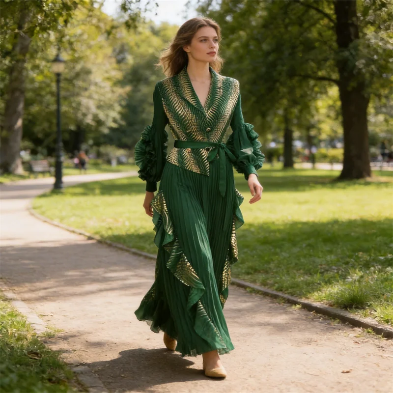 

Плиссированное платье Miyake женское, новинка 2026 года, с горячим тиснением и принтом, воротник-стойка, длинные рукава, свободное, элегантное, средней длины