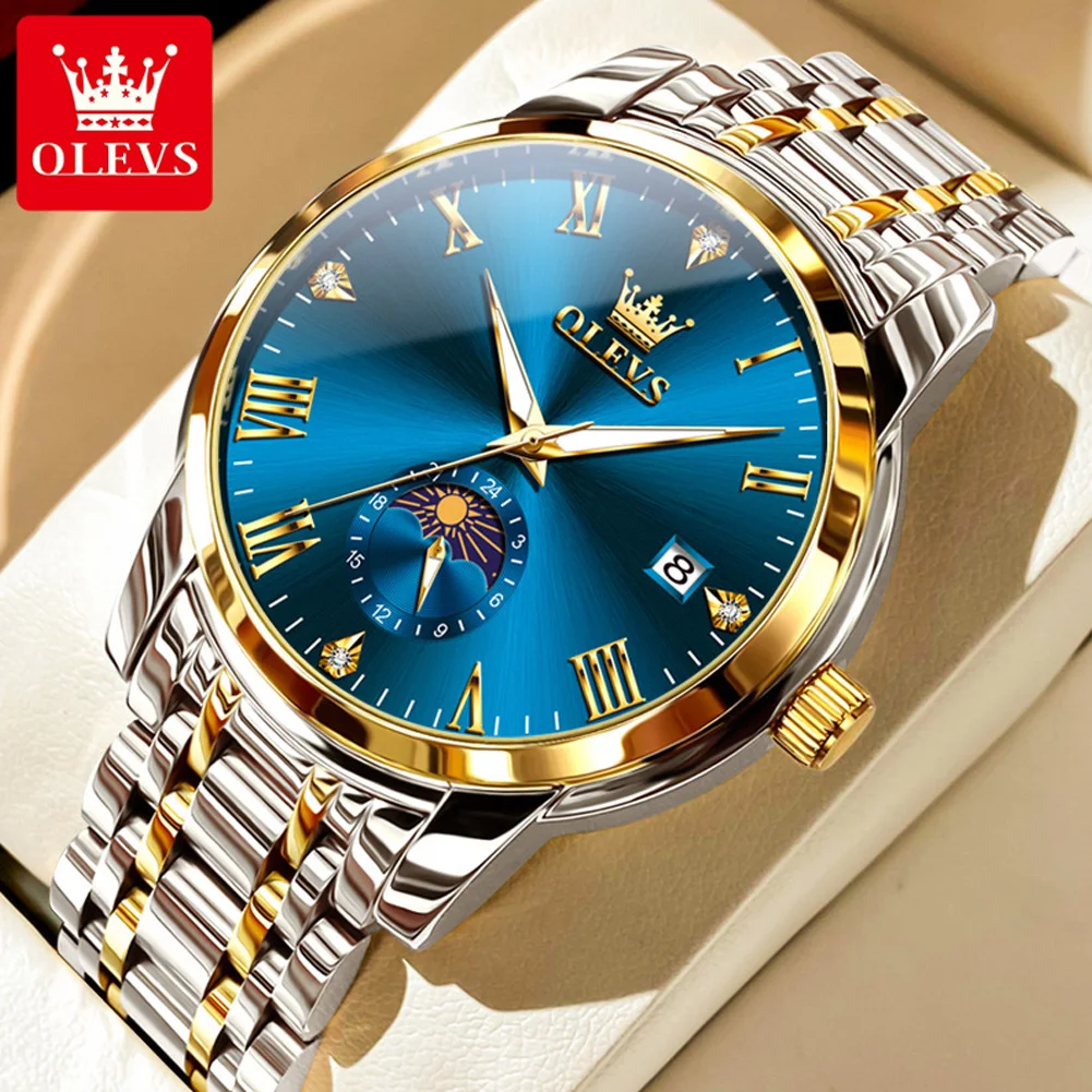 OLEVS 3656 Quarzuhr für Herren Wasserdicht Kalender Mondphase Leuchtend Klassische Herren-Armbanduhr Geschäftsuhr