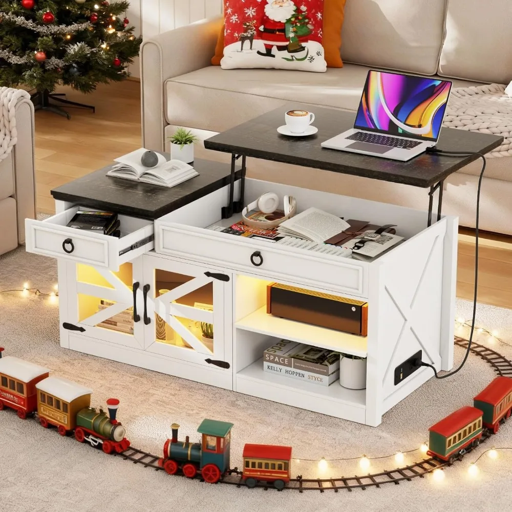 48 طاولة قهوة للمزرعة مع سطح رفع، طاولة مركزية LED مع ضوء مستشعر بشري، طاولة قهوة قابلة للرفع