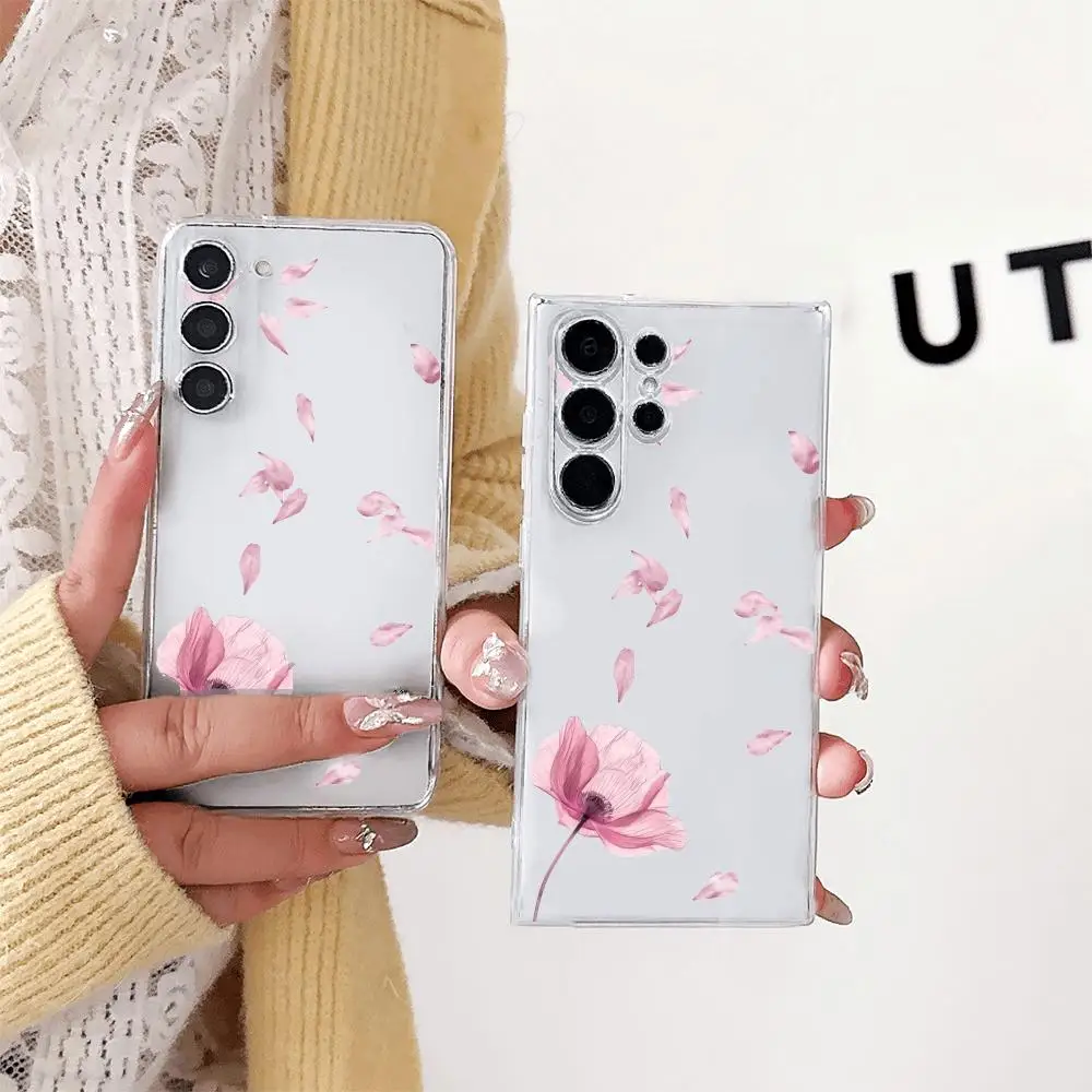 New Pink Flower Transparent Phone Case for Samsung Galaxy S26 Ultra S25 S24 S23 FE S22 Plus 5G Soft TPU Drop-Proof cover
