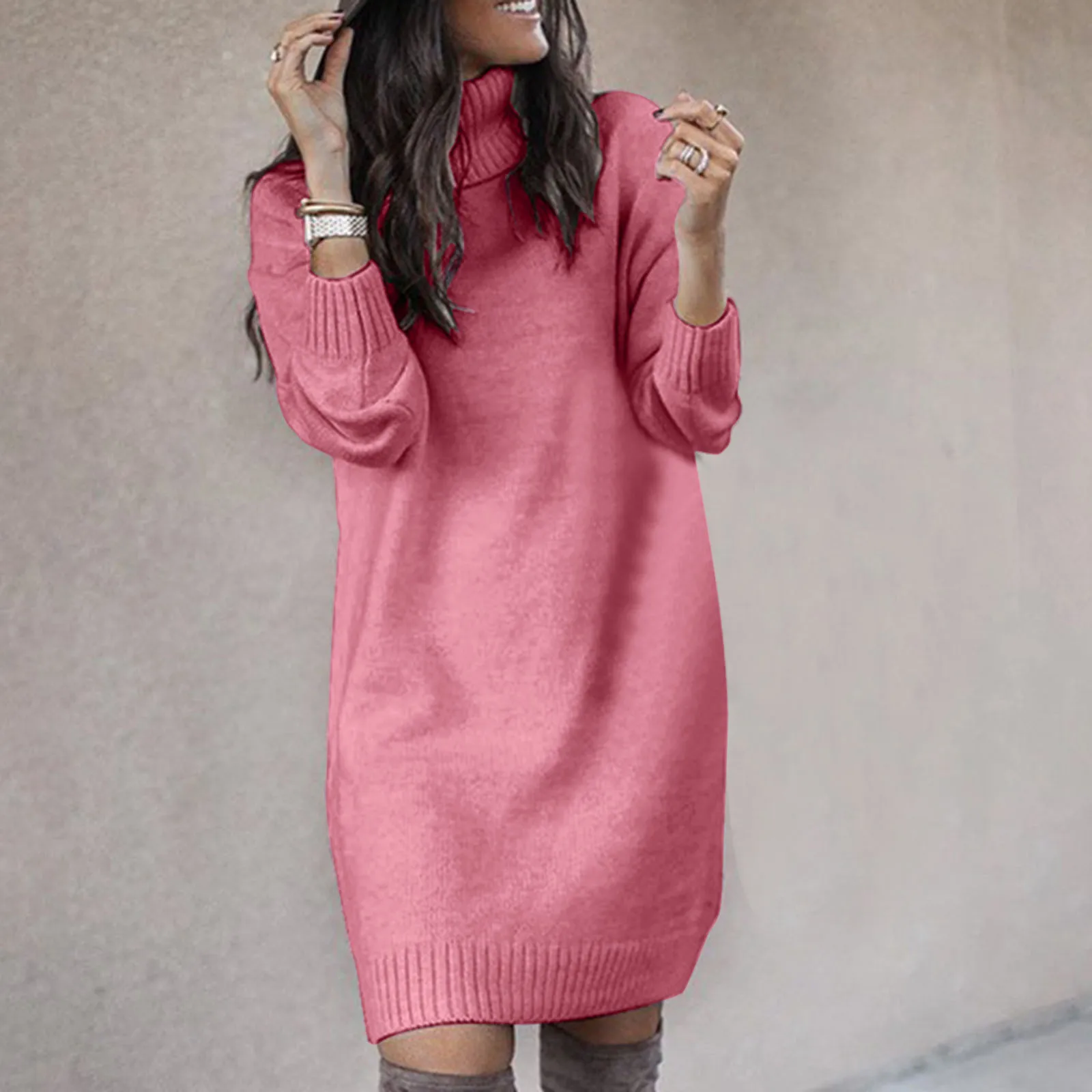 Women Winter Loose Sweater Dress Knee-length Dress Women Long Sleeve Autumn Turtleneck Warm Knitted Casual Sweater Dress