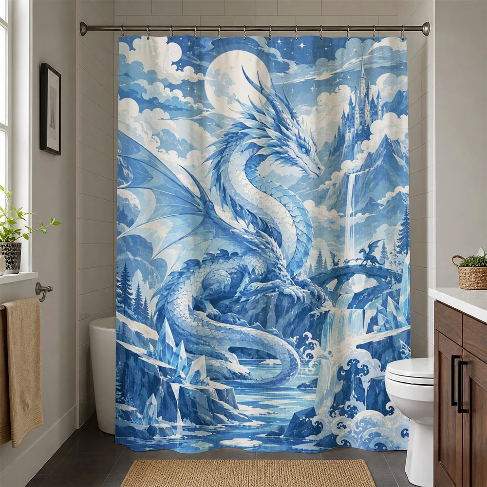 Epic Blue Dragon Waterfall Shower Curtain Bathroom Decor Fantasy Mythical Creature Waterproof Shower Curtain Liner