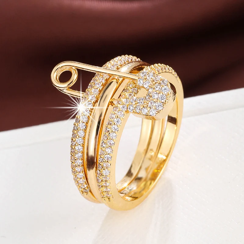 Anillo de diseño de tres capas con conexión de Pin de moda para mujer, joyería de regalo