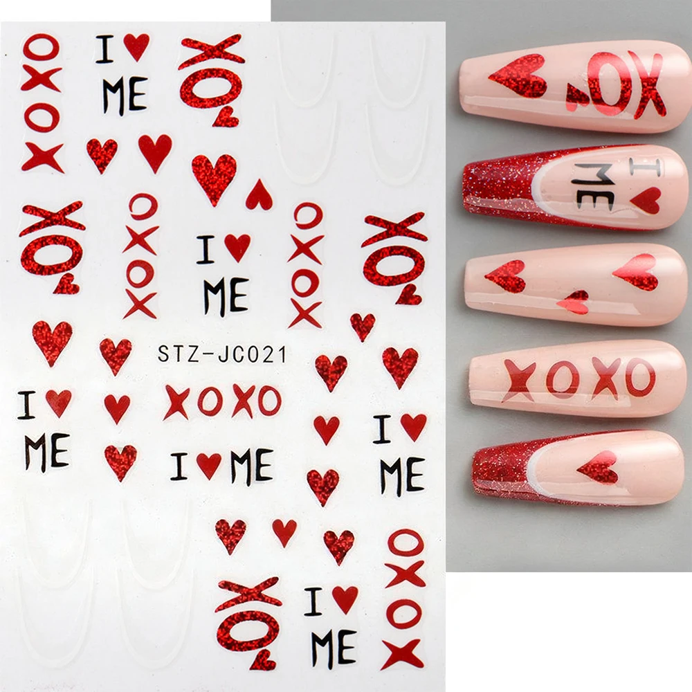 1 Uds. Pegatinas 3D con purpurina de corazón de amor rojo para decoración de uñas, pegatinas autoadhesivas para el Día de San Valentín, línea francesa blanca, corazones rojos