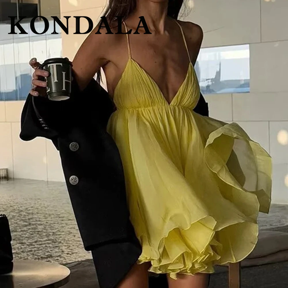 KONDALA Chic Sexy Giallo Summr Cami Y2K Abito da donna a strati Backless Beach Mini abito Moda 2025 Night Party Elegante Vestido
