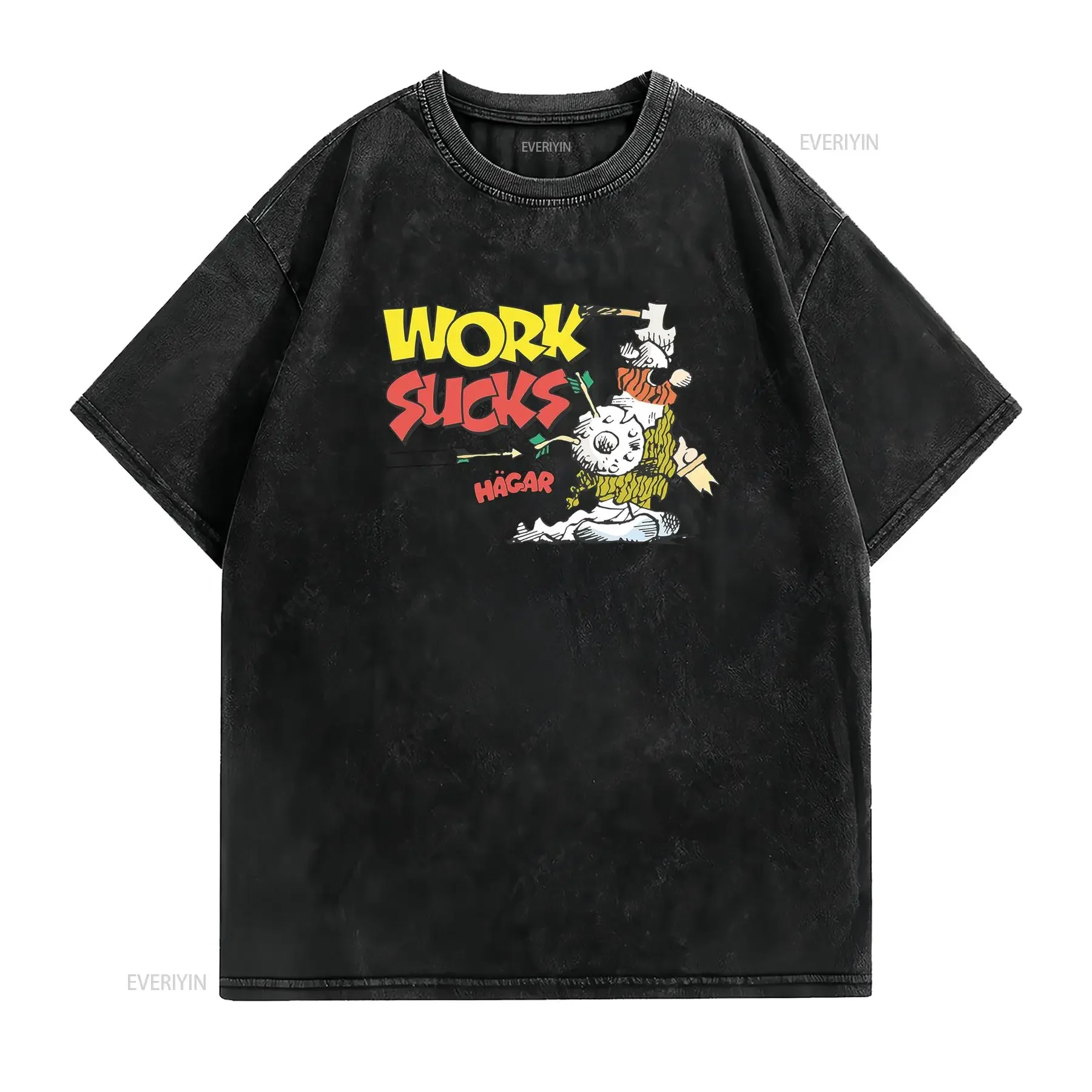 Retro Cartoon Funny Work Sucks Hagar The Horrible Viking Print Casual T Shirt vintage Washed graphic Comfortable Breathable