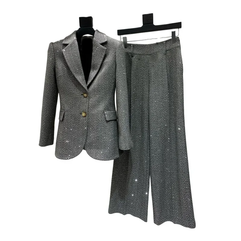Elegant and white contrasting diagonal suit set women's spring new luxury hot stamping jacket vest pants three piece set
