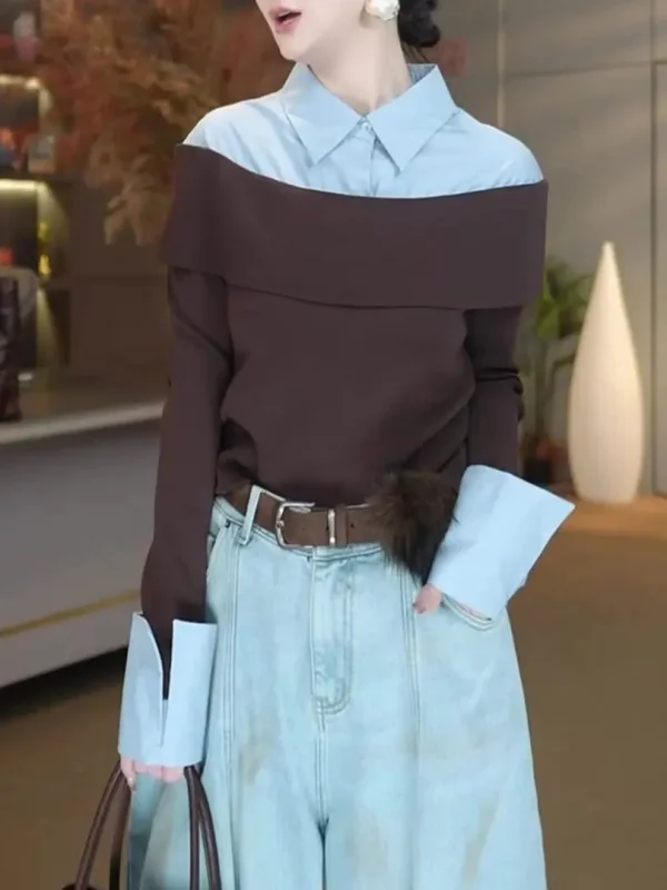 

Ele Collar Splice Long Sve Women's Top Slimming Age-Defng Design French Sle irt Casual Everyday Wear