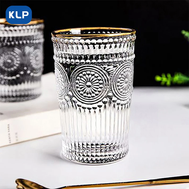 KLP 1pcs Vintage Embossed Glass Mug, Sunflower Coffee Mug, Clear Glass Mug, Family Breakfast Mug - High End, Capacity: 350ml