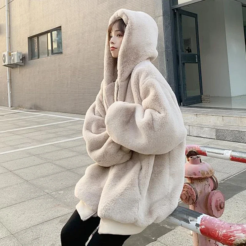 Winter Casual Solid Color Warm Overcoat Women Fashion Zipper Hooded Faux Rabbit Fur Jacket Woman Lazy Style Loose Faux Fur Coats