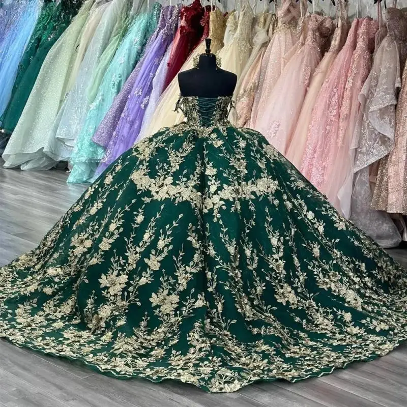 

Зеленое бальное платье Charro Quinceanera, бальное платье с открытыми плечами, тюлевые Аппликации, мексиканские милые платья 16 лет 15 лет