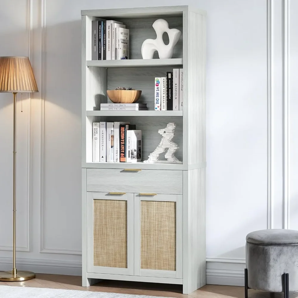 Bookcase, Rattan Bookcases with Doors Cabinet, 5-Tier Bookshelf, Large Wooden Book Case, Farmhouse Bookshelves