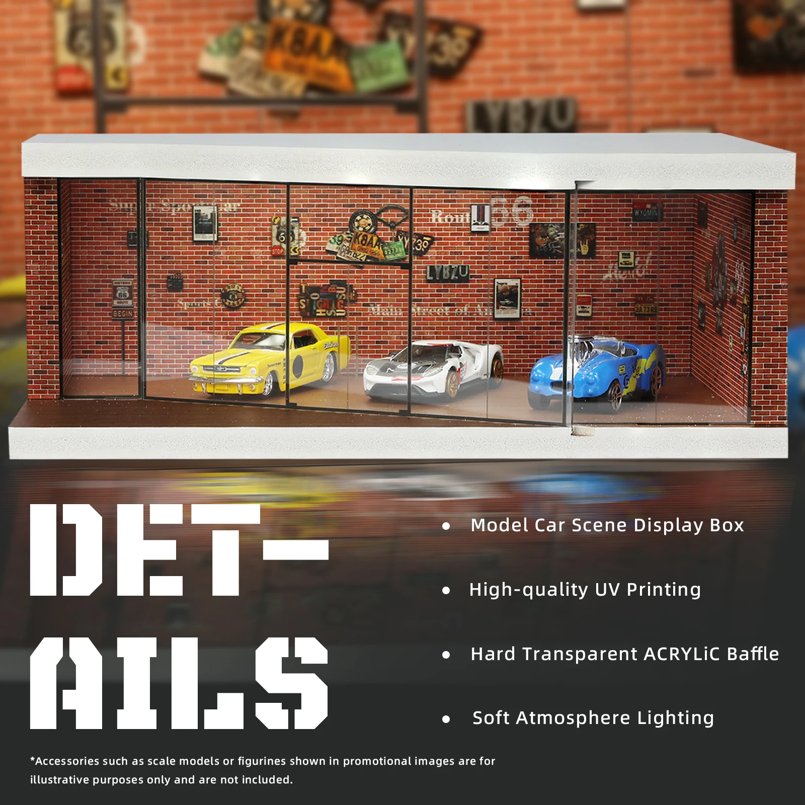 

1:64 Miniature Diorama Display Storage Case Red Brick LED Strip Acrylic Dustproof Collectible Decor Model Car Enthusiast Men Boy