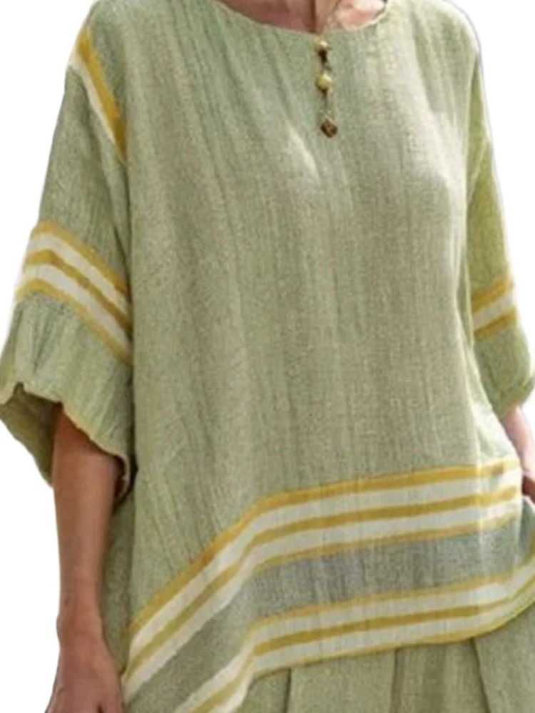 

Simple Stripe Print Pants Sets Women Spring Summer Casual Loose Half Sleeves O Neck T Shirt Trousers Two Piece Set Female 2025