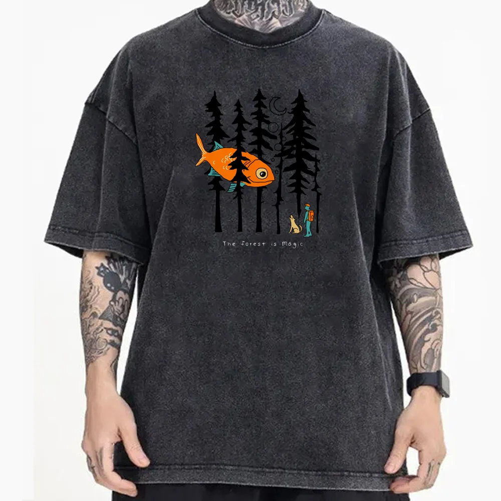 Forest is Magic Crazy Autumn Pure Cotton Crewneck Mens Tees Graphic Washed Tops T Shirt Cute Short Sleeve vintage T Shirt