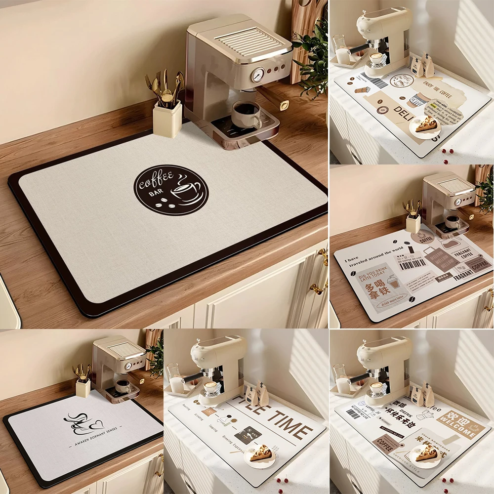 Coffee Themed Kitchen Drying Mat With Various Styles Minimalist Non Slip Quick Dry Durable Mat For Coffee Station