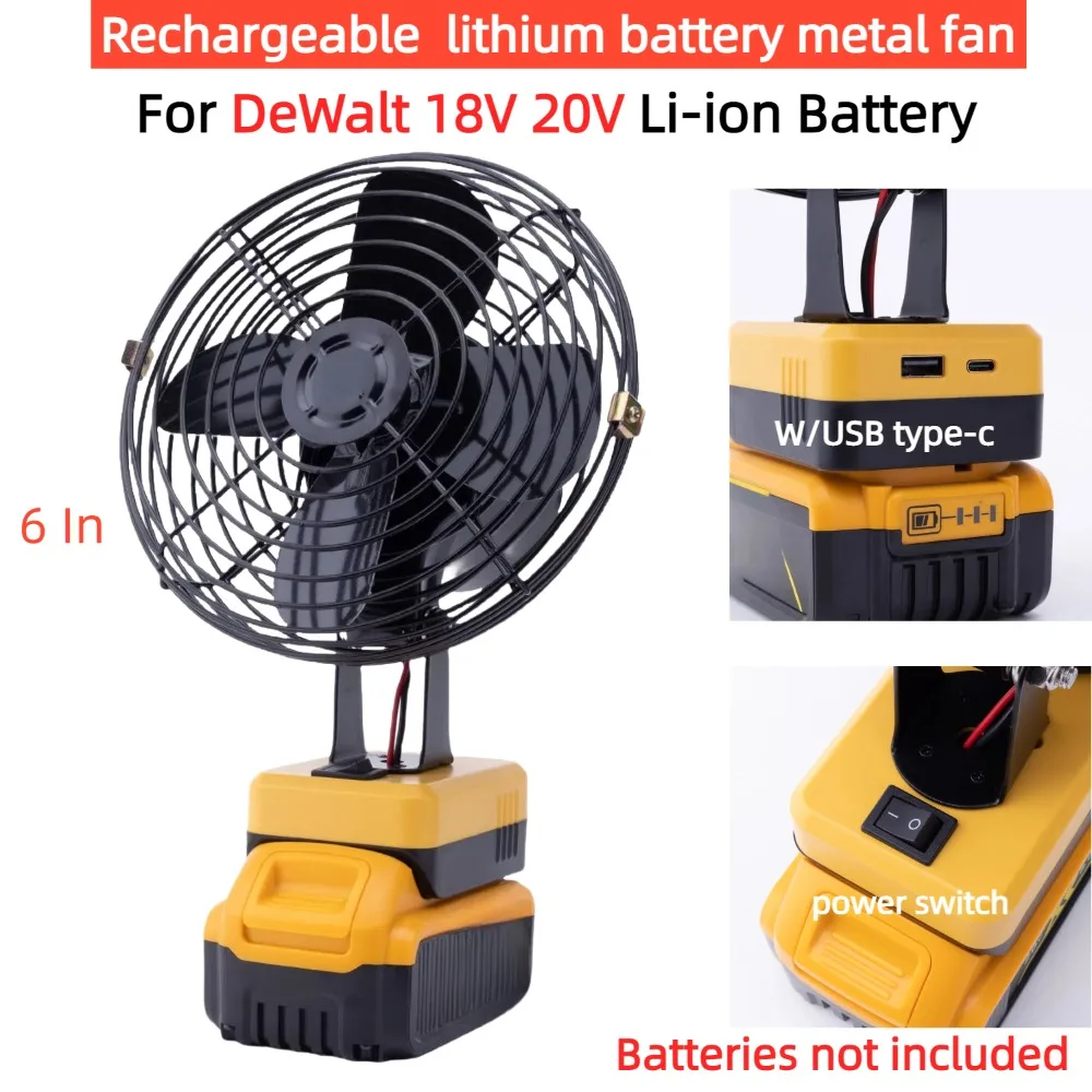 Rechargeable Lithium Battery Metal Fan for DeWalt 18-20V Li-ion Battery W/USB TYPE-C Portable Outdoor Camping Cordless Table Fan