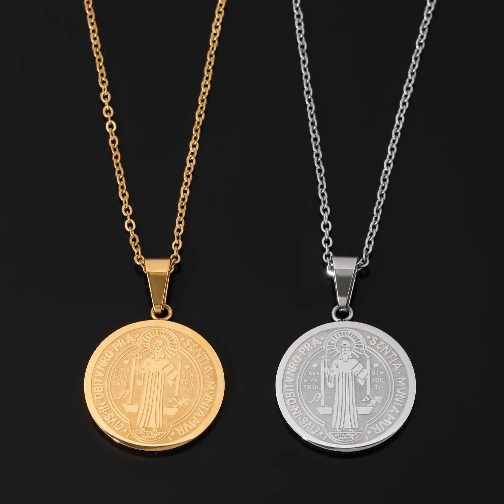 Religious San Benito Medal Pendant Stainless Steel Chain Silver Color Cross Jesus Saint Benedict Necklaces for Women Men