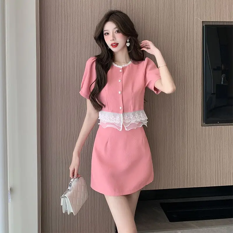 

Insozkdg Korea Elegant Two Piece Sets Vintage Chic Fashion Puff Sleeve Crop Top + A Line Mini Skirts Suit Retro Summer Outfit