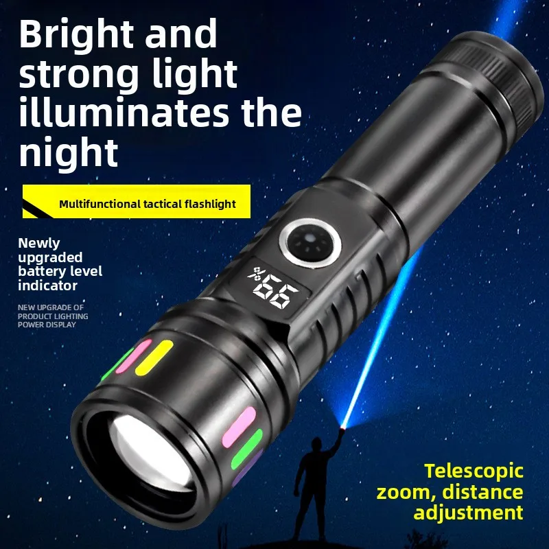 Zoomable Aluminum Alloy Long-Range Flashlight with Ultra-Long Battery Life, Fast Charging, Digital Display, and White Laser