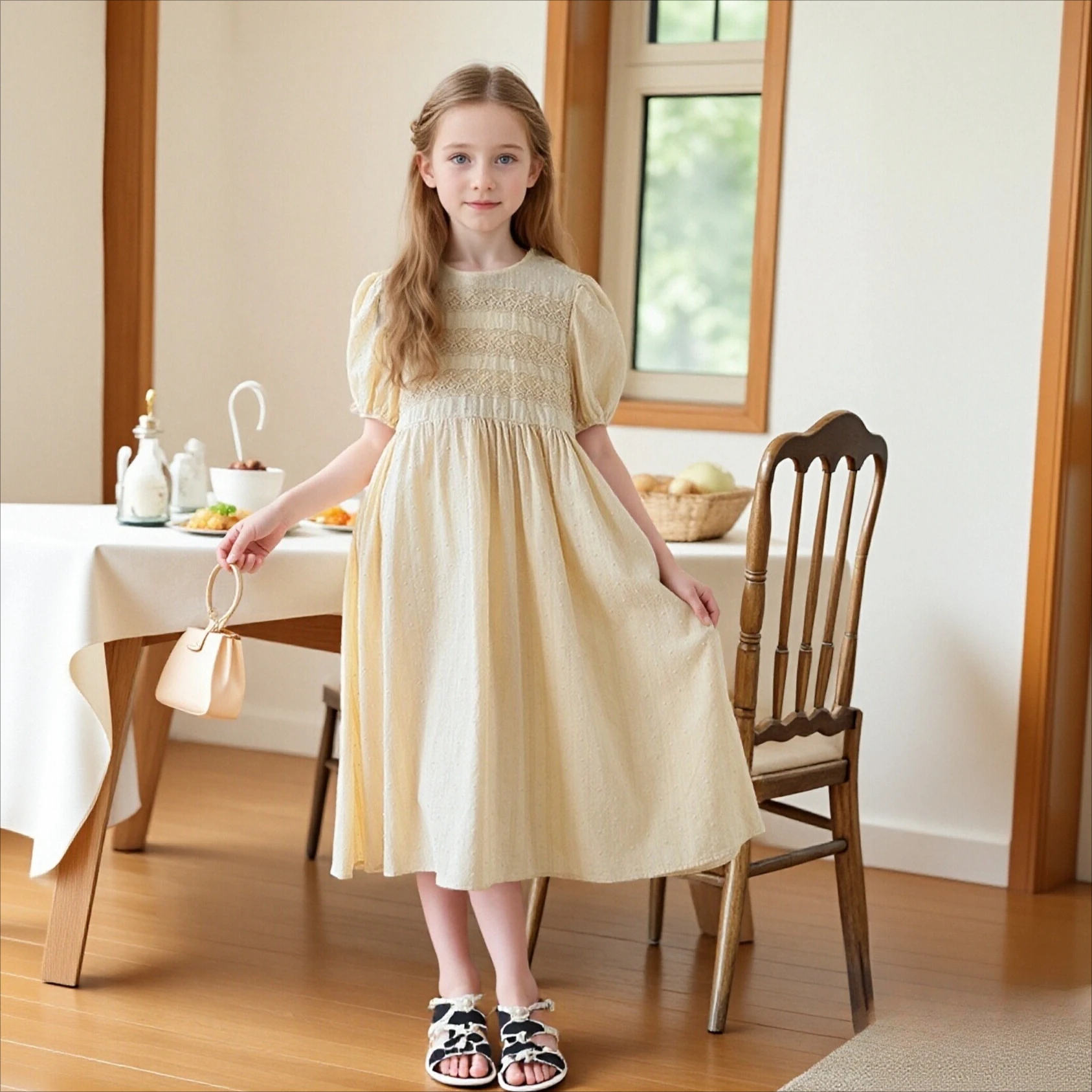 

Платье для девочек-подростков, хлопок, лето 2026, с кружевной жаккардовой отделкой, платье принцессы для детей, с пышными рукавами, повседневная детская одежда, 2-12 лет