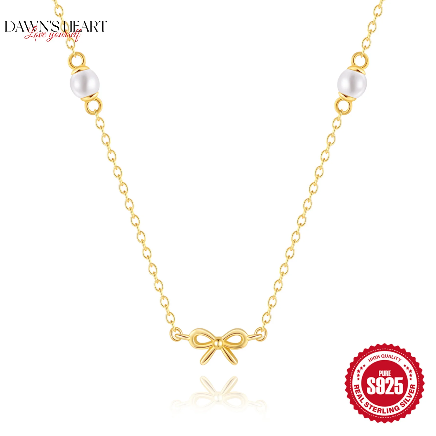 

925 Sterling Silver Necklace Minimalist Pearl Bow Stacking Clavicle Pendant European Classic Versatile Gold Necklaces for Women