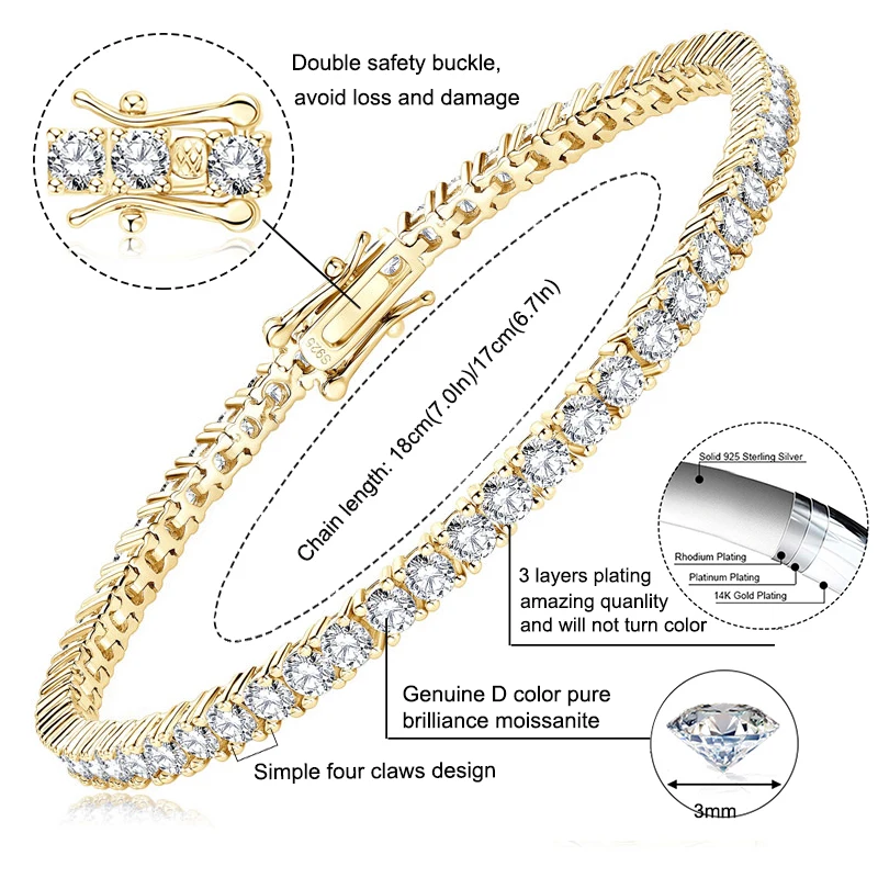 IOGOU 3mm/5mm Full Moissanite Tennis Bracelets Real 925 Sterling Silver Bracelet for Women Men Couple Sparking Fine Jewelry Gift